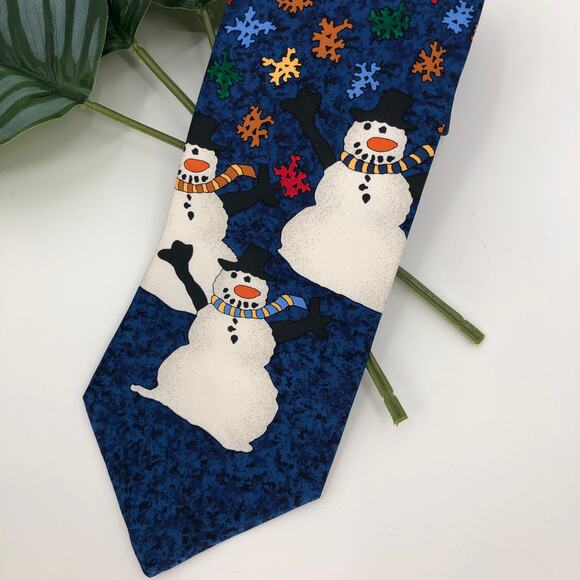 Save The Children Blue White Snowman Frosty Snow Holiday Novelty Silk Neck Tie - Picture 3 of 6
